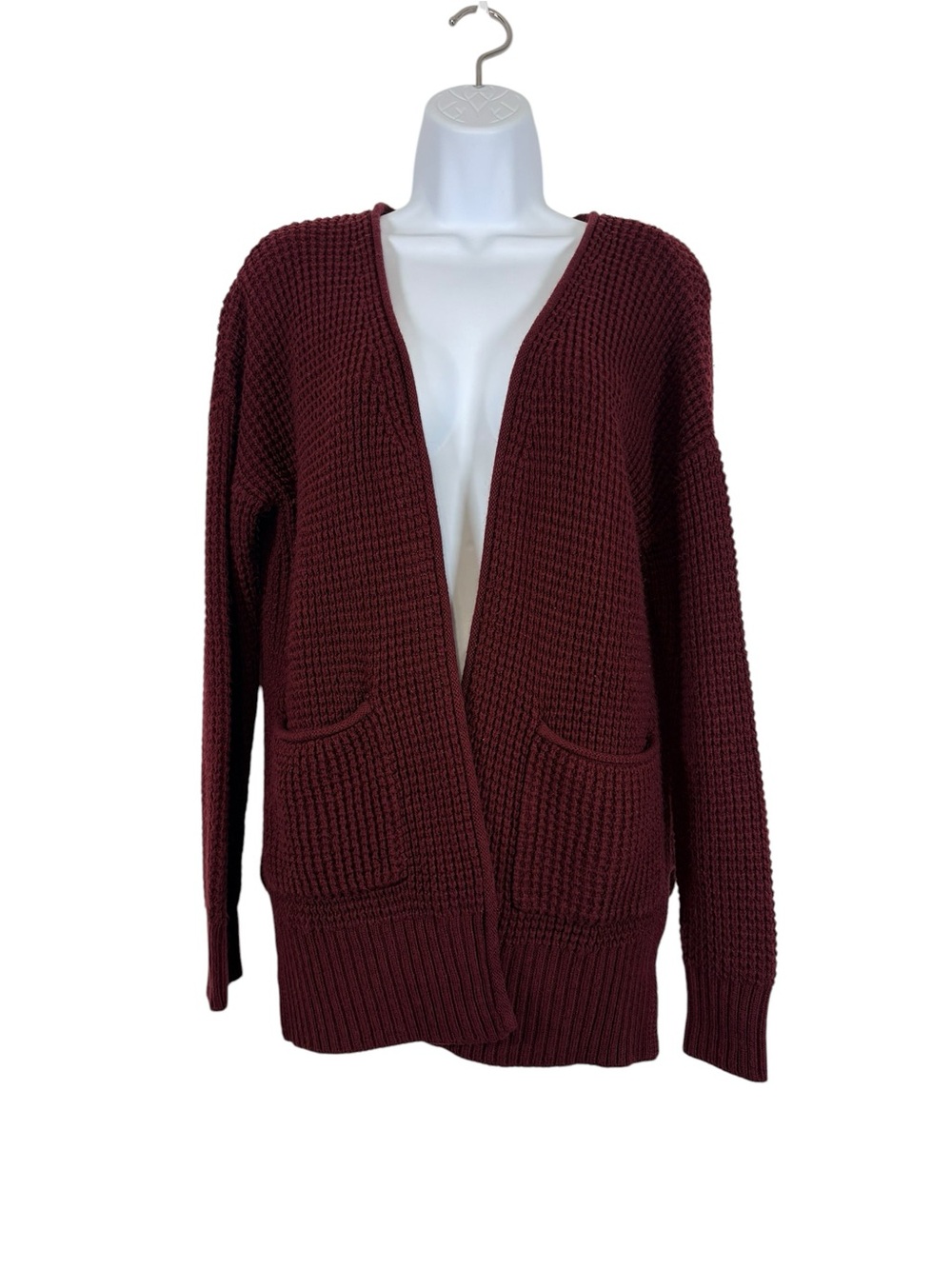 Zenana Open-Front Chunky Knit Cozy Layering Cardigan Burgundy Front Pockets SzS